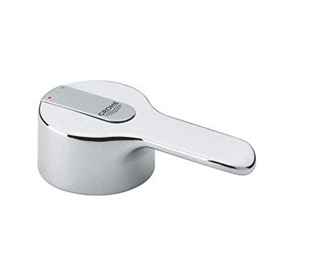 Chrome faucet lever with rounded handle and cylindrical base, marked with Grohe branding.