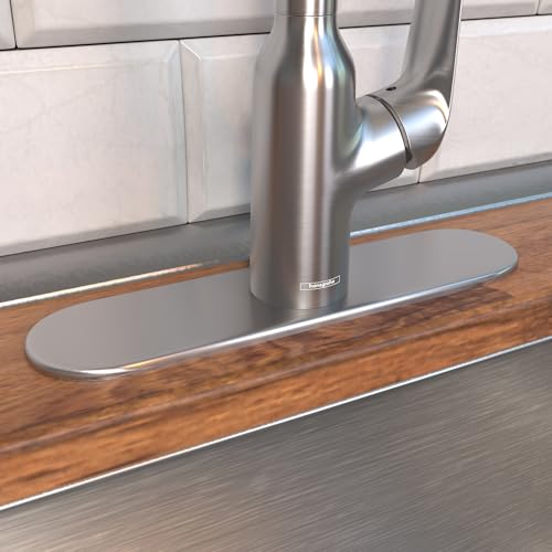 Stainless steel oval base plate for kitchen faucet mounted on wooden countertop.