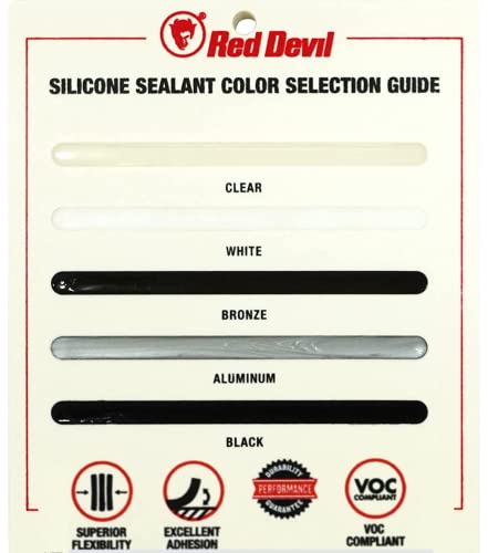Red Devil silicone sealant color selection guide showing clear, white, bronze, aluminum, and black tube samples.