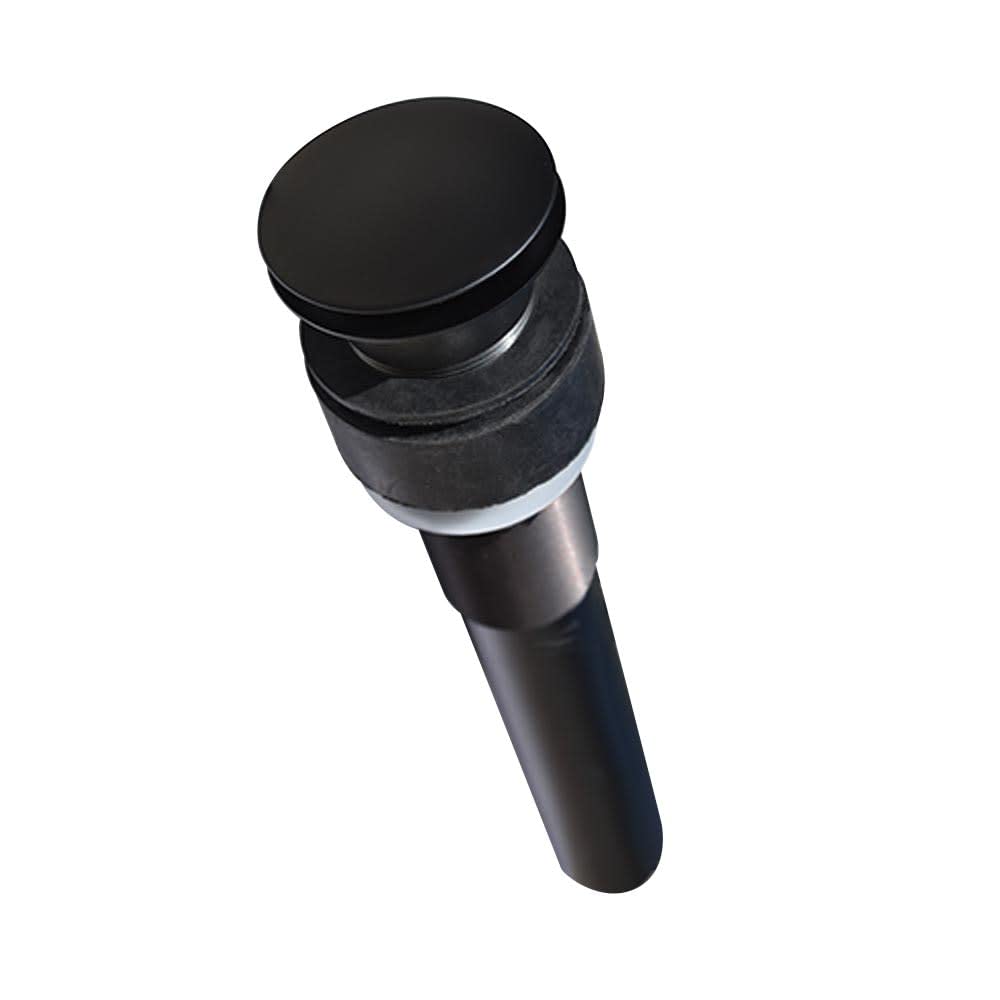 Matte black push-to-seal dome drain with cylindrical body and rounded top cap.