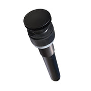 Matte black push-to-seal dome drain with cylindrical body and rounded top cap.