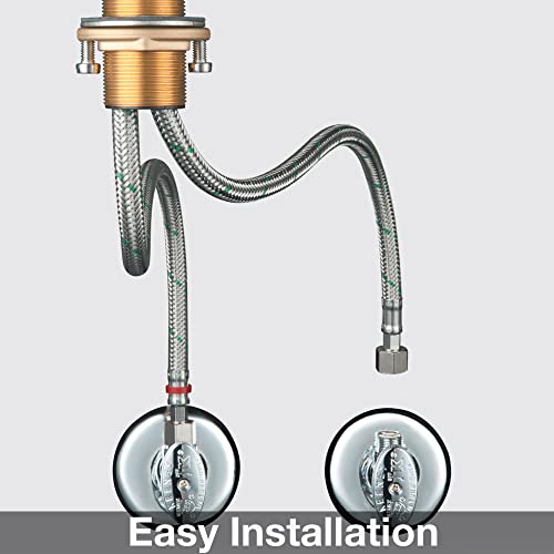 Polished nickel bar faucet with flexible hoses and dual control knobs for installation.