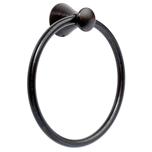 Oil-rubbed bronze circular towel ring with spherical mounting bracket and open center.