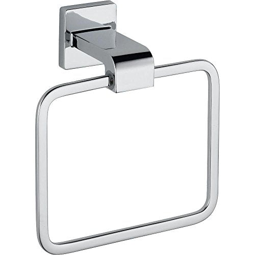 Chrome and black towel ring with square wall mount and open rectangular loop design.