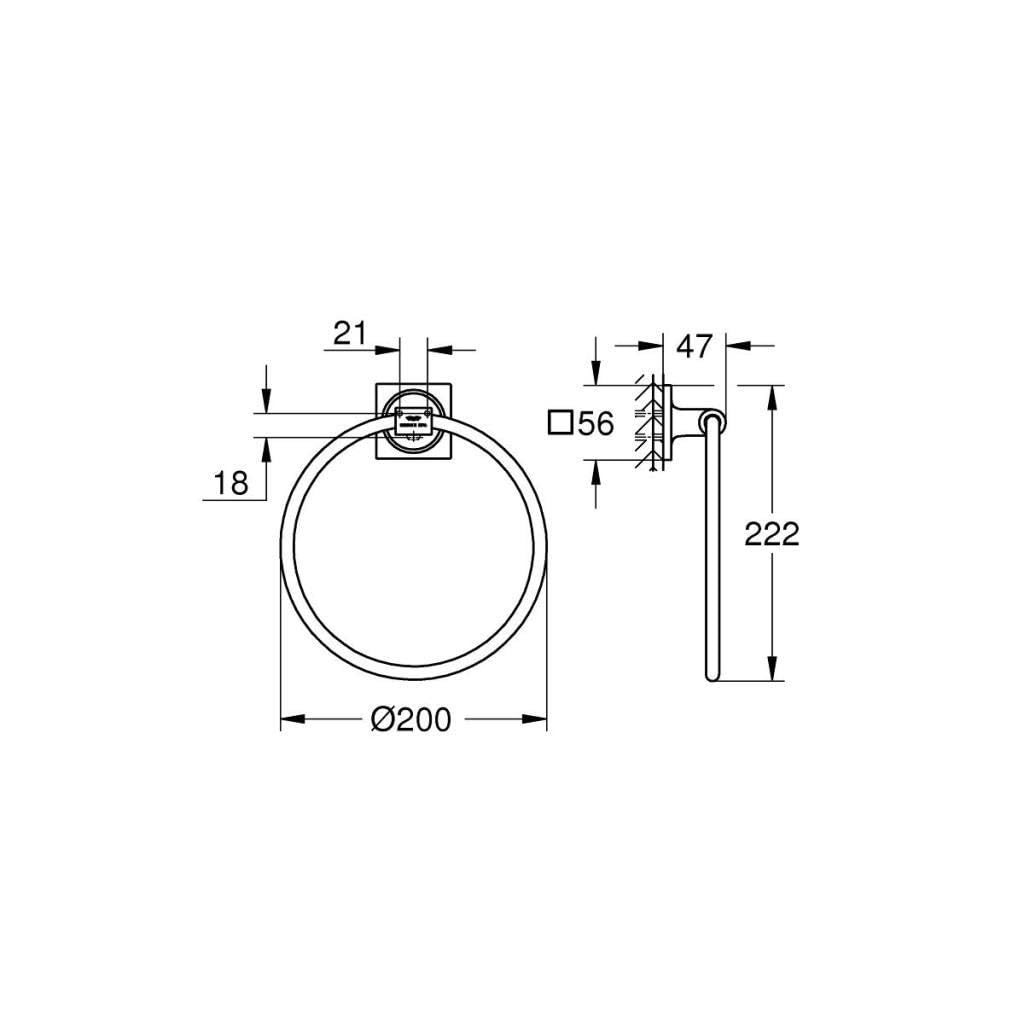 Chrome towel ring with circular design and mounting bracket, shown in technical schematic with dimensions.