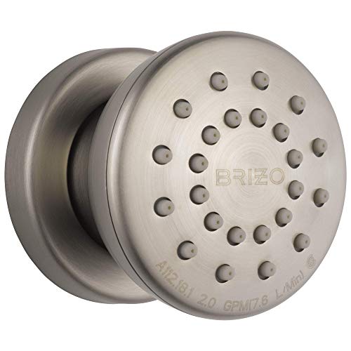 Round brushed nickel shower head with multiple spray holes and Brizo branding, shown from front and side angles.