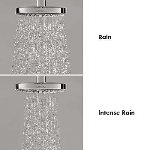 Brushed nickel square shower head shown in two spray settings: rain mode with wide dispersed water pattern and intense rain m
