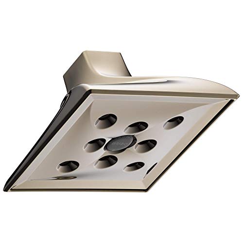 Brushed nickel square raincan shower head with multiple spray holes and angled mounting bracket.