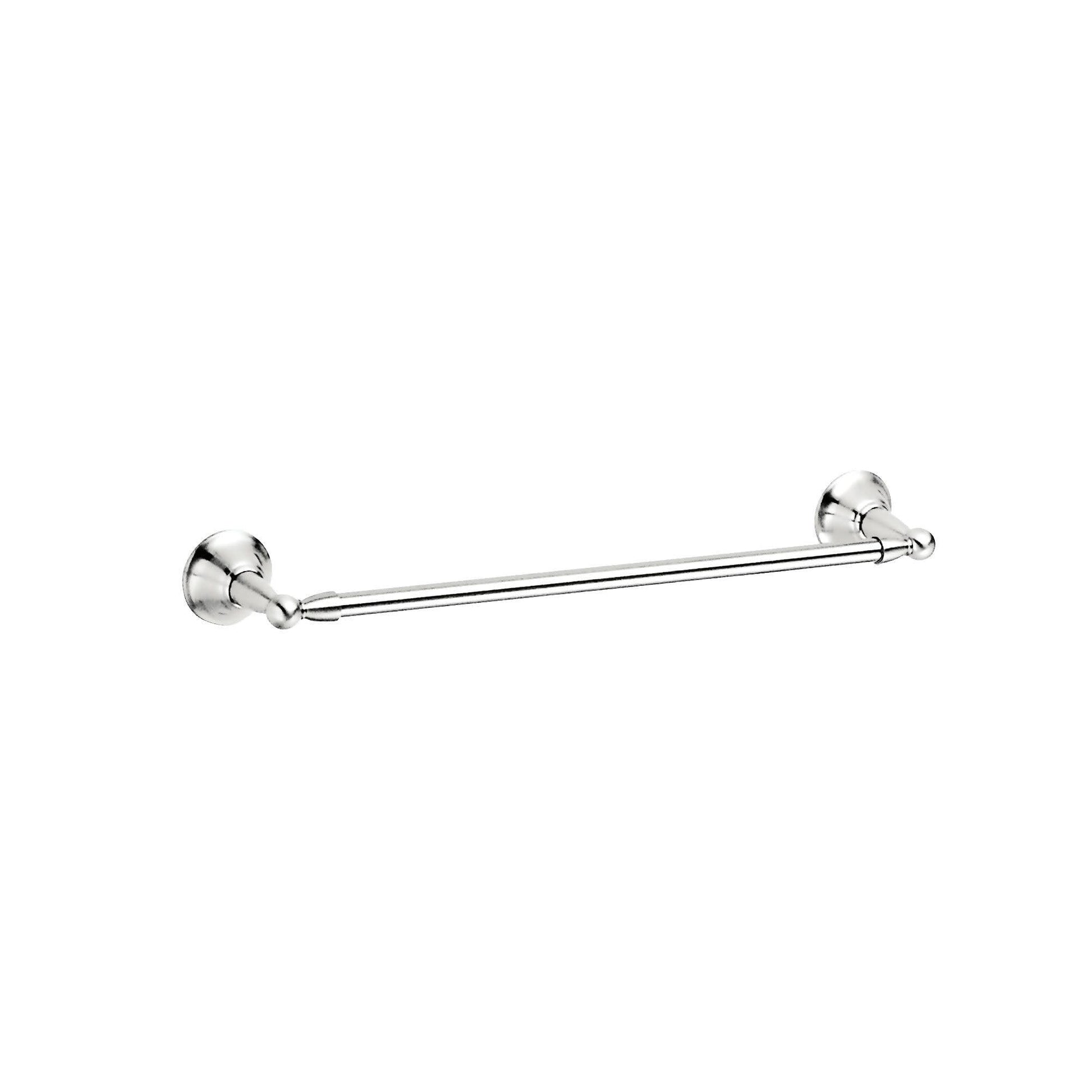 Chrome wall-mounted towel bar with two round mounting brackets and a horizontal metal rod.