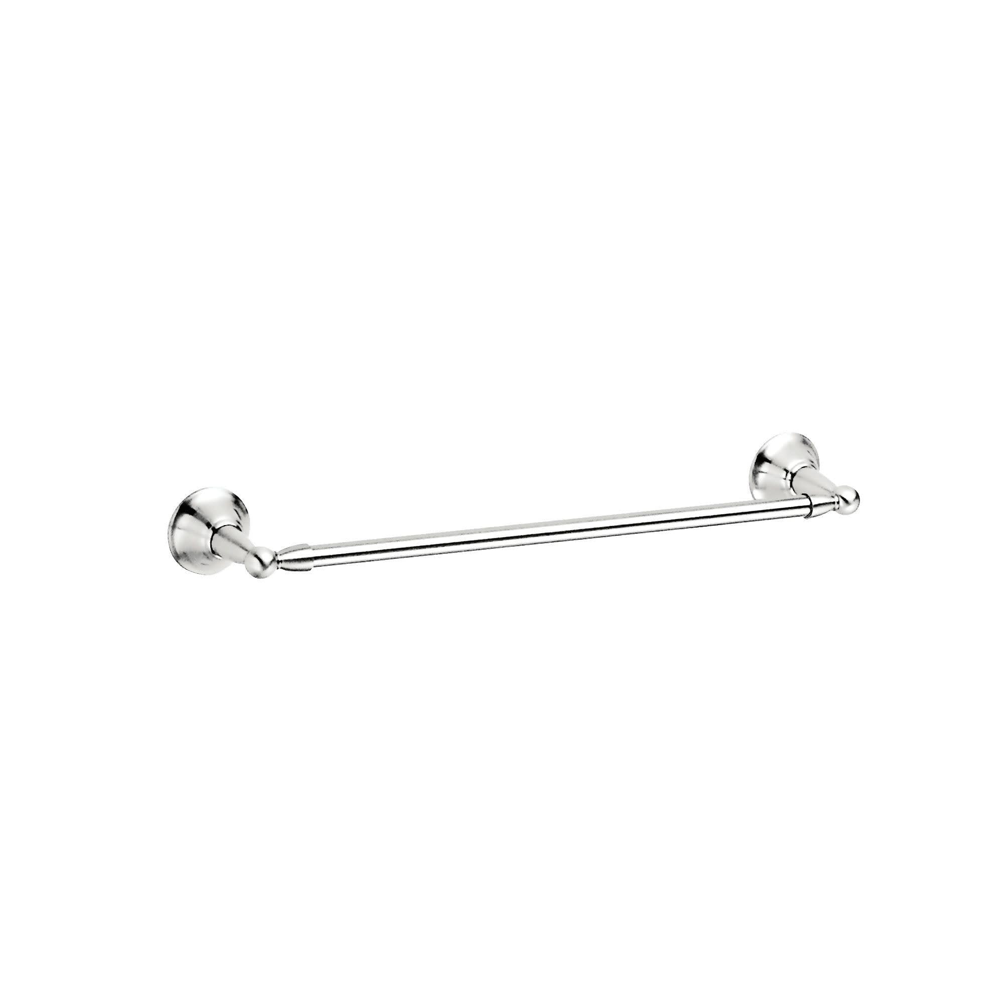 Chrome wall-mounted towel bar with two round mounting brackets and a horizontal metal rod.