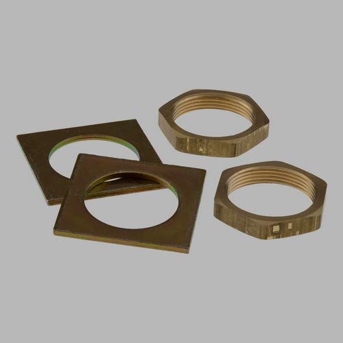 Two brass hex nuts and two rectangular brass washers for widespread faucet installation.