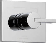 Chrome lever handle valve trim with square white plate and cylindrical black cartridge body for Delta Monitor 14 series.