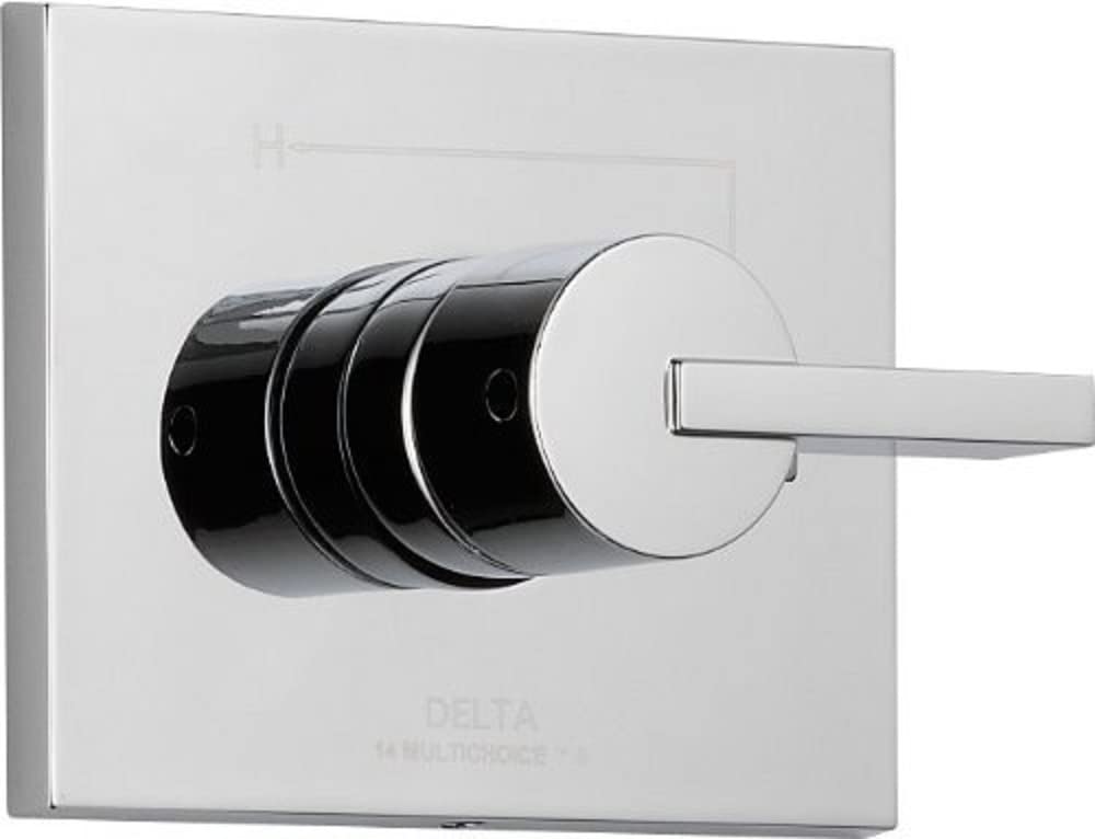 Chrome lever handle valve trim with square white plate and cylindrical black cartridge body for Delta Monitor 14 series.