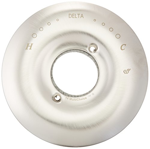 Stainless steel round escutcheon trim plate with Delta branding and temperature markings for hot, cold, and off positions.