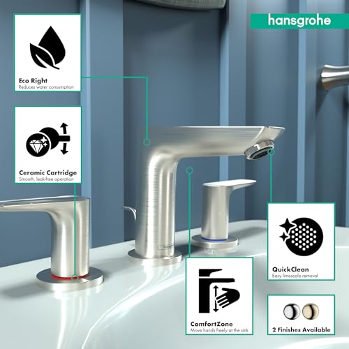 Brushed nickel widespread bathroom faucet with curved spout and two matching handles on white sink.