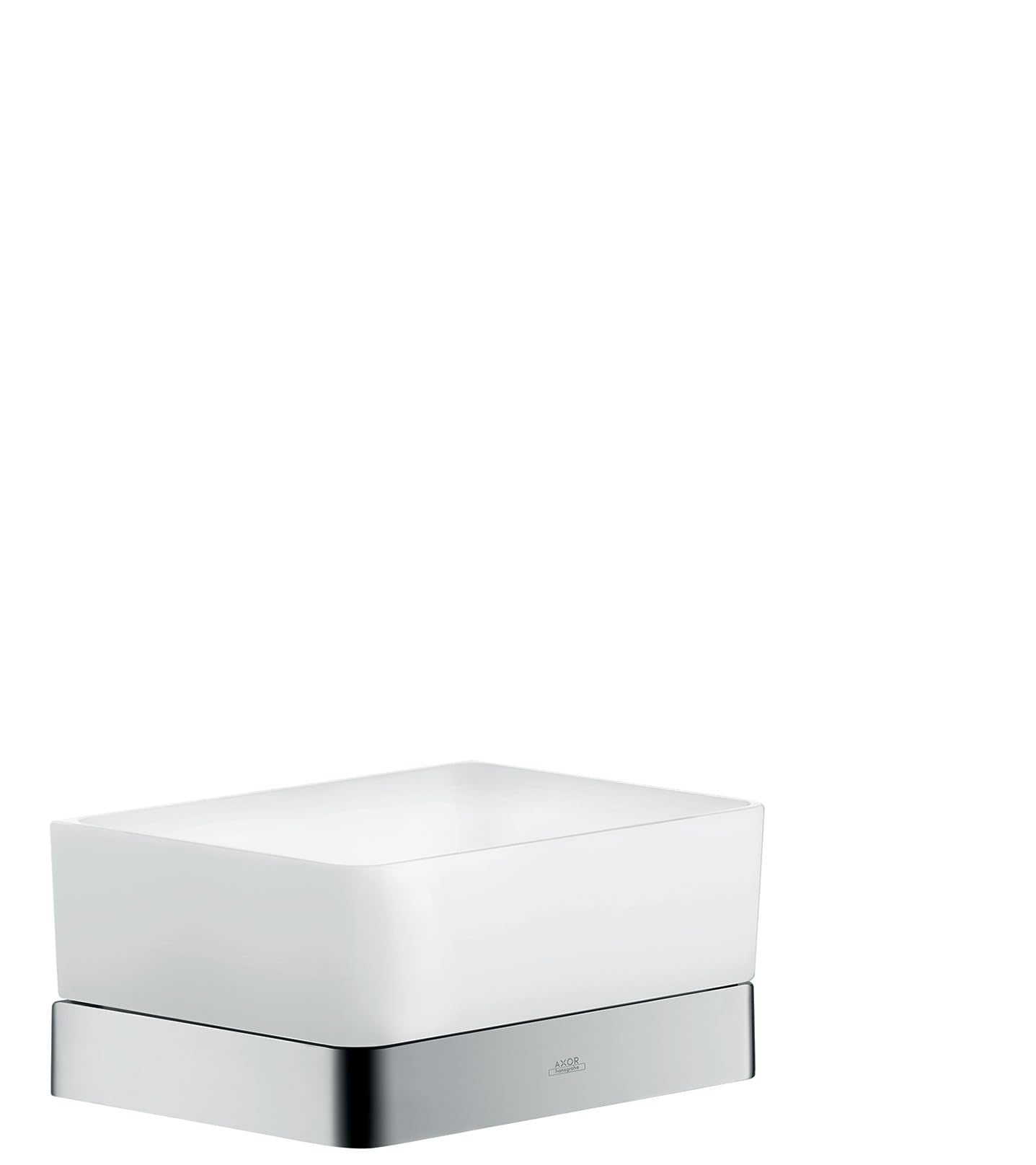 Chrome shower basket with white ceramic container and polished metal support bracket.