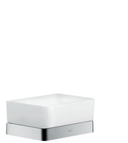 Chrome shower basket with white ceramic container and polished metal support bracket.