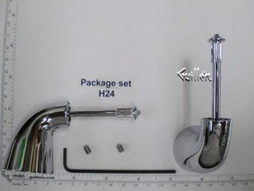 Chrome metal lever handles and mounting components for H24 faucet set displayed on measurement scale.
