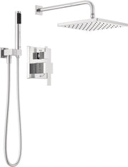 Chrome shower system with square raincan head, hand shower on hose, wall-mounted valve control, and curved arm.
