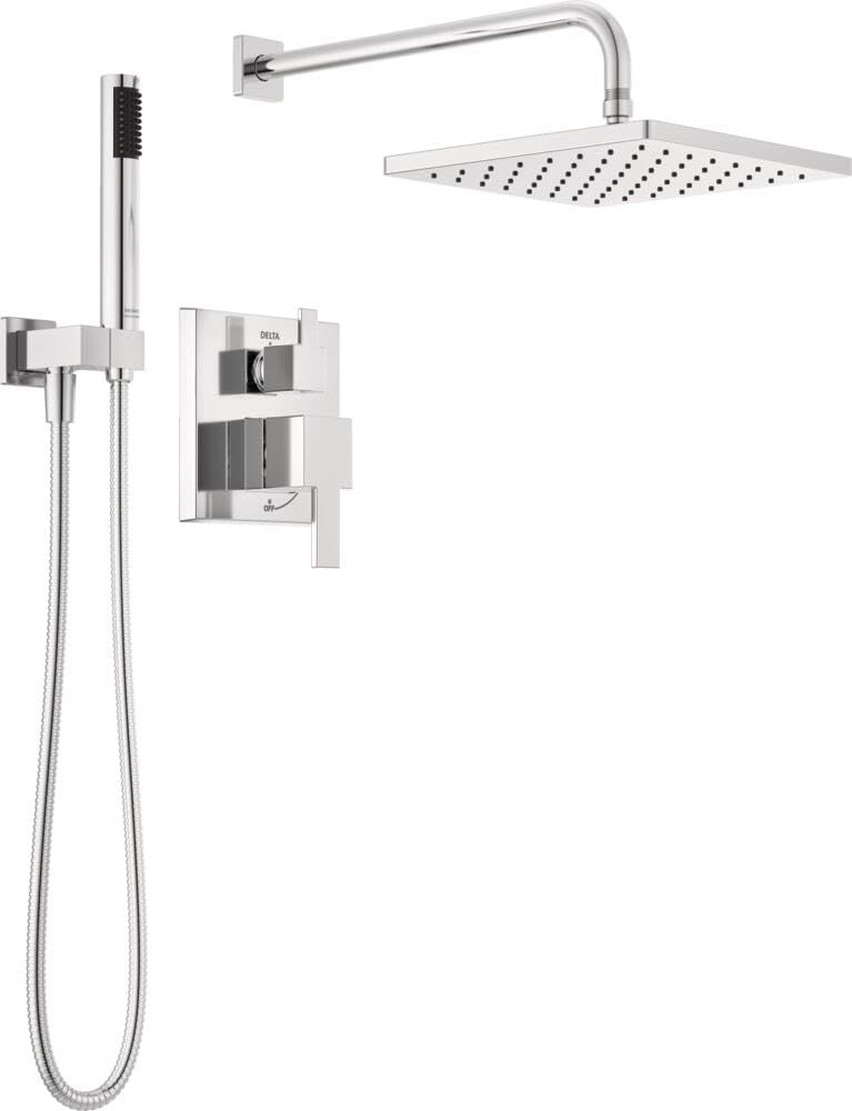 Chrome shower system with square raincan head, hand shower on hose, wall-mounted valve control, and curved arm.