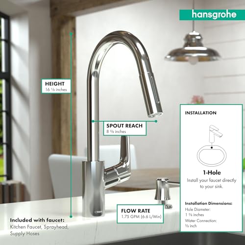 Matte black high arc kitchen faucet with pull-down spray head, chrome accents, and curved spout over sink.