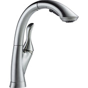 Chrome kitchen faucet with high-arc spout, single lever handle, and pull-out spray head.