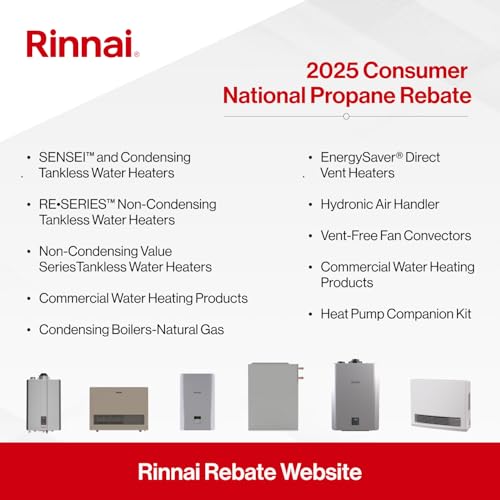 Rinnai tankless water heater product lineup showing six models in varying sizes and colors with rebate program information.