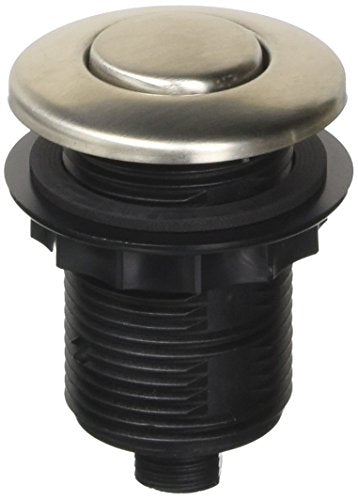 Satin nickel kitchen sink strainer with black threaded base and rubber gasket for installation.