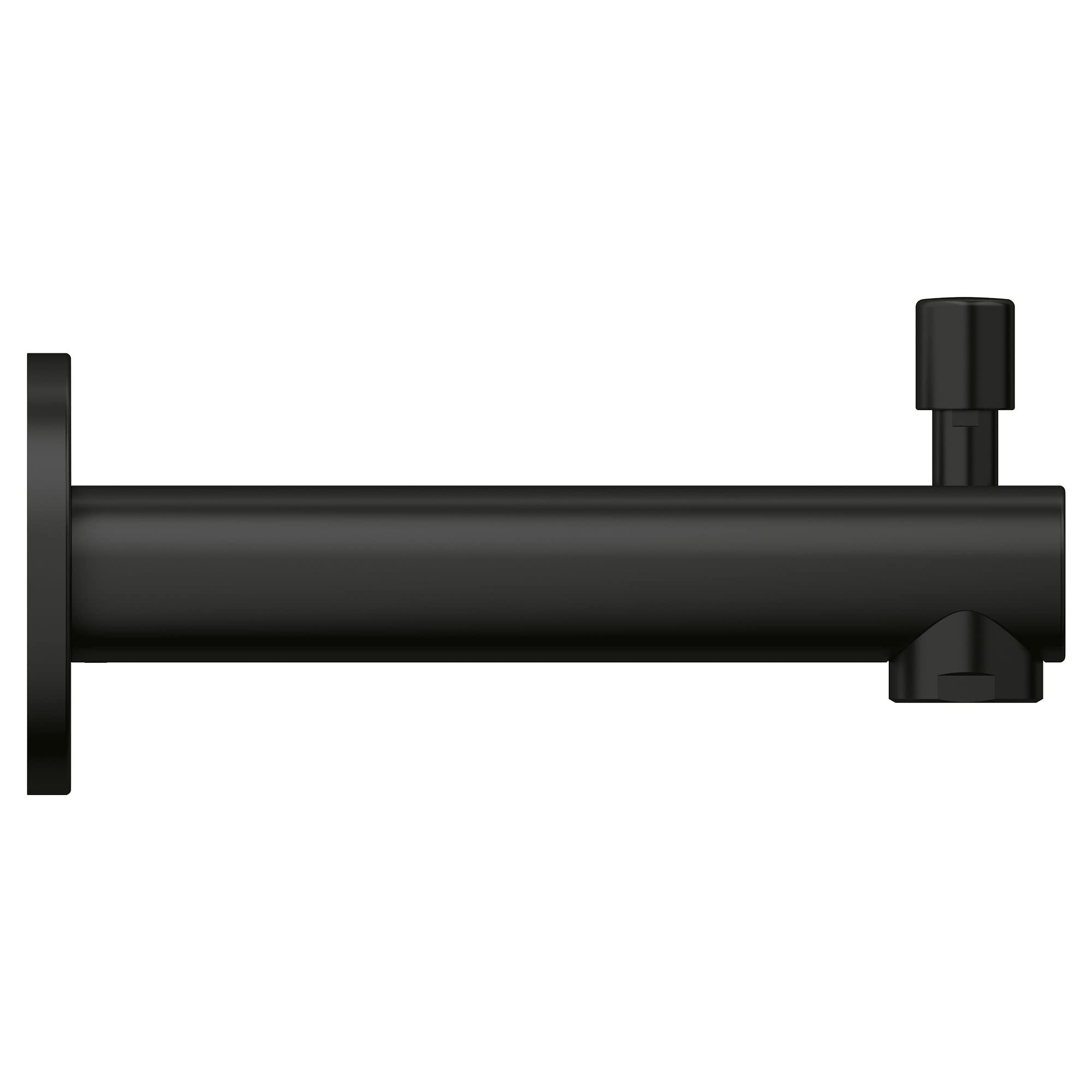 Matte black tubular tub spout with wall-mounted flange and diverter lever on right side.