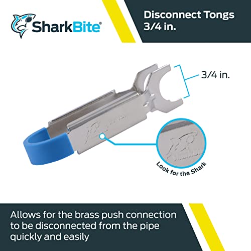 Sharkbite 3/4-inch disconnect tongs with blue rubber grip and metal head for pipe connections.