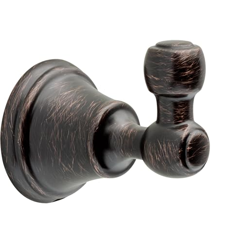 Oil-rubbed bronze robe hook with round wall plate and curved hook arm.