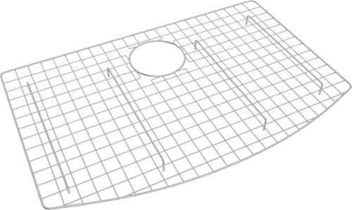 Stainless steel wire grid with rectangular mesh pattern and circular drain opening for kitchen sink.