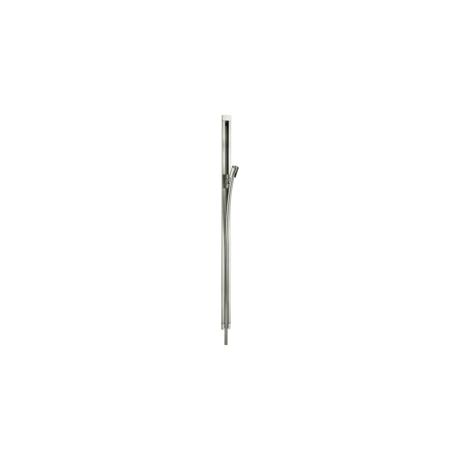 Brushed nickel vertical wallbar with integrated handheld shower holder and cylindrical design.