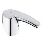 Chrome faucet lever with rounded handle and cylindrical base, featuring red and blue indicator marks.