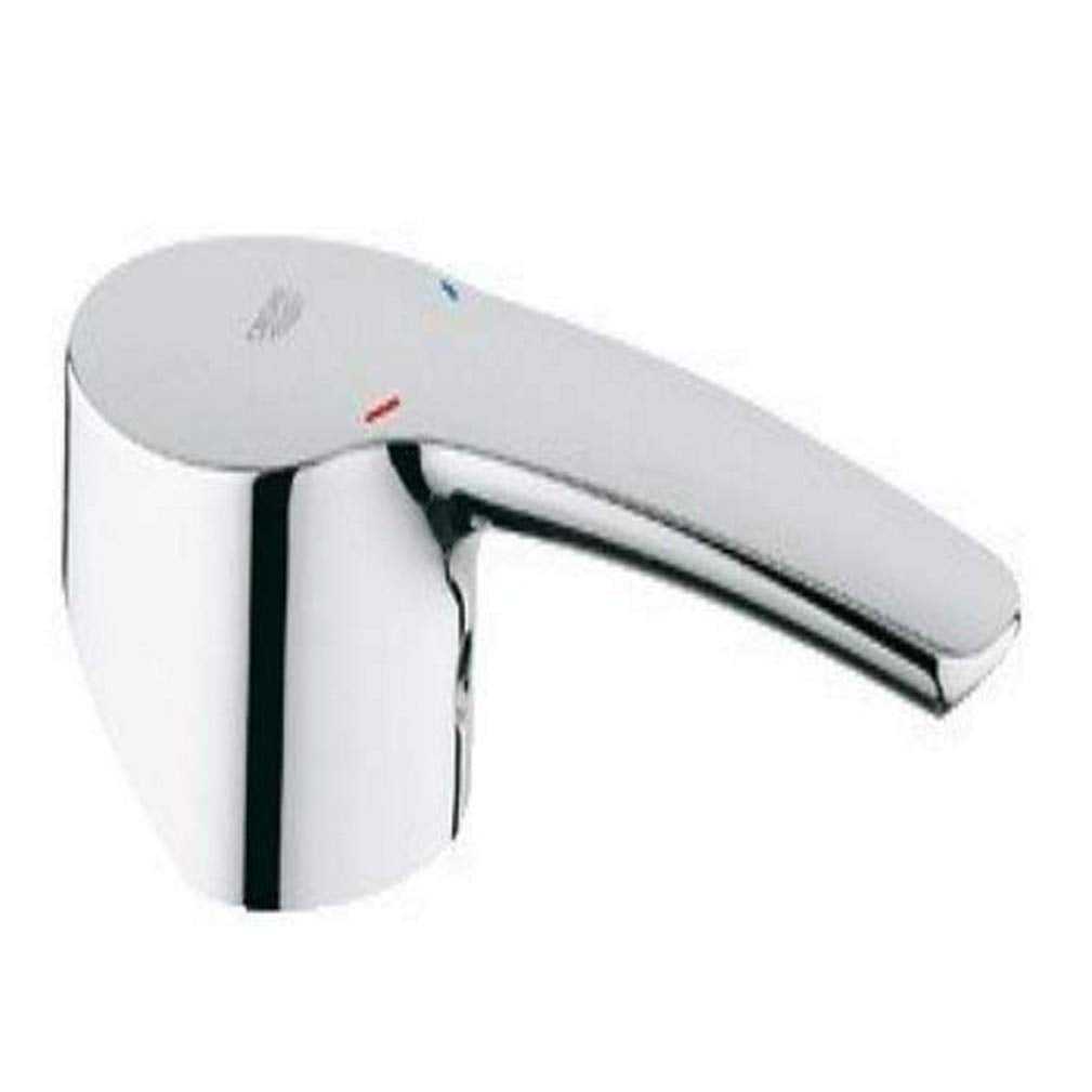 Chrome faucet lever with rounded handle and cylindrical base, featuring red and blue indicator marks.