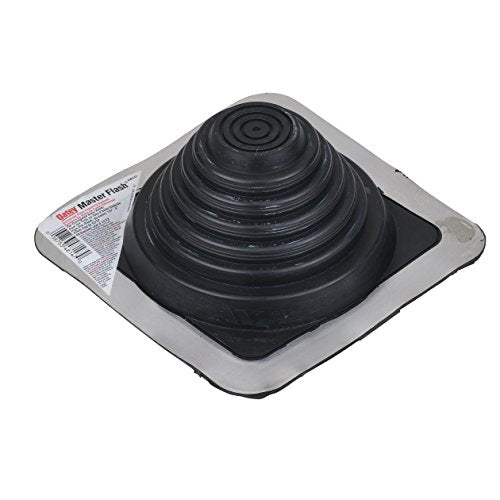 Black rubber roof flashing with concentric rings attached to gray square base with label.