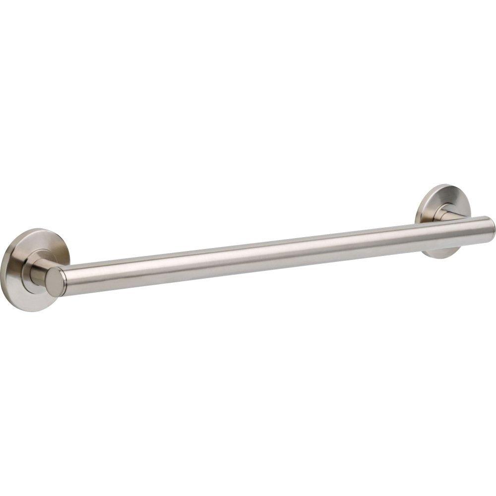 Stainless steel grab bar with circular wall mounts on each end, 24 inches long.