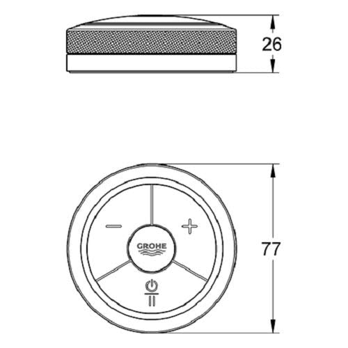 Grohe F-Digital chrome digital controller with circular interface showing temperature and volume controls, 77mm diameter.