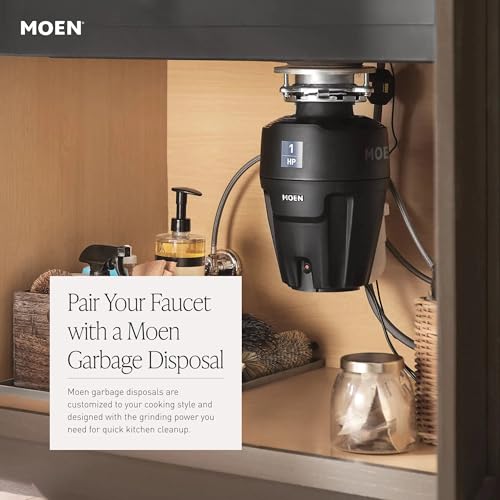 Chrome single-handle kitchen faucet with pullout spray head installed above sink, displayed in cabinet with garbage disposal 