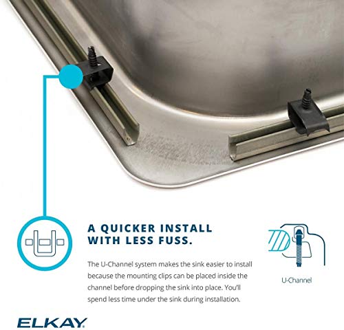 Stainless steel drop-in sink with U-Channel mounting system and three mounting holes visible on rim.