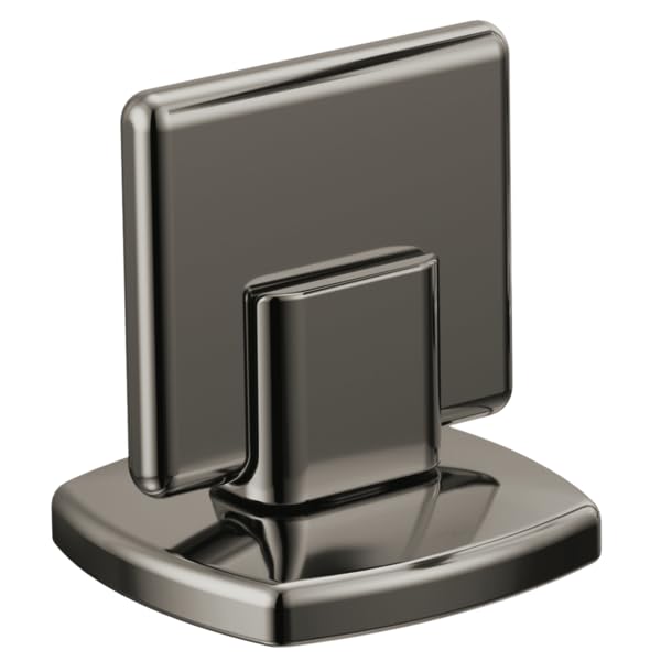 Brushed nickel square knob handle with matching rounded base for widespread faucet installation.