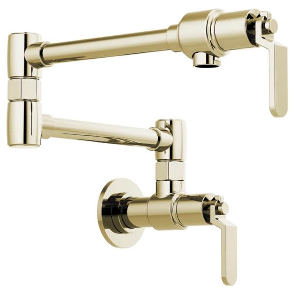 Polished brass wall-mount pot filler with dual articulating arms and industrial-style lever handles.
