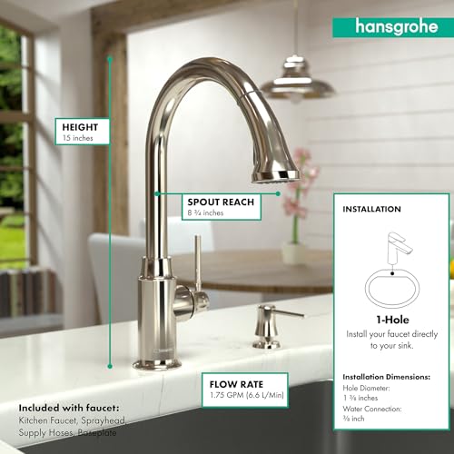 Polished nickel high-arc kitchen faucet with pull-down spray head and single lever handle on white countertop.
