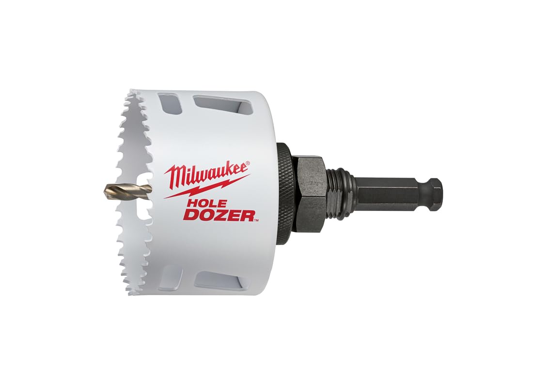 White bi-metal hole saw with serrated cutting edge, black arbor shaft, and Milwaukee HOLE DOZER branding.