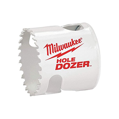White Milwaukee HOLE DOZER bi-metal hole saw with serrated cutting edge and center arbor hole.