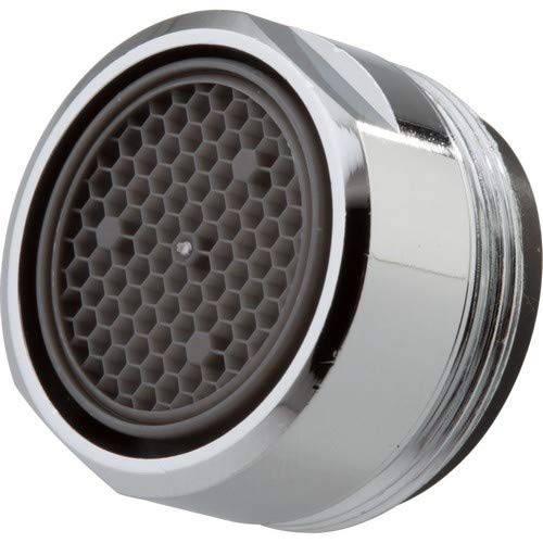 White and chrome faucet aerator with honeycomb-pattern mesh screen and threaded collar.