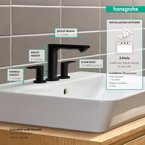 Matte black widespread faucet with angular spout, two handles, and pop-up drain installed on white sink basin.