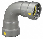 Gray metal 90-degree elbow connector with yellow indicator dots and press-fit coupling ends.