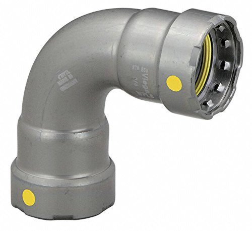 Gray metal 90-degree elbow connector with yellow indicator dots and press-fit coupling ends.