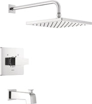 Chrome tub and shower trim with square showerhead, wall-mounted valve, and tub spout.